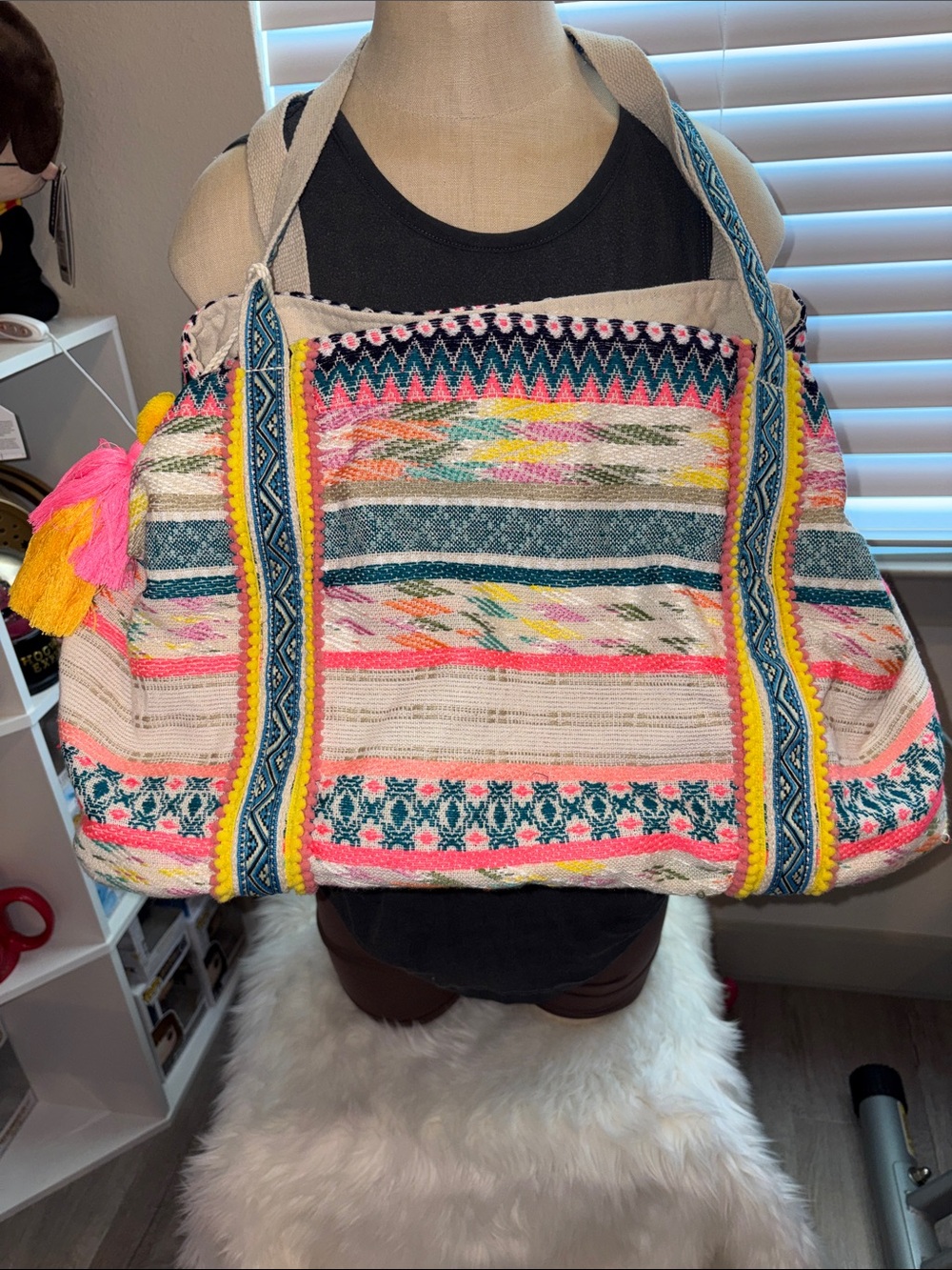 Boho Woven Multicolor Tote Bag - Pink, Teal & Yellow